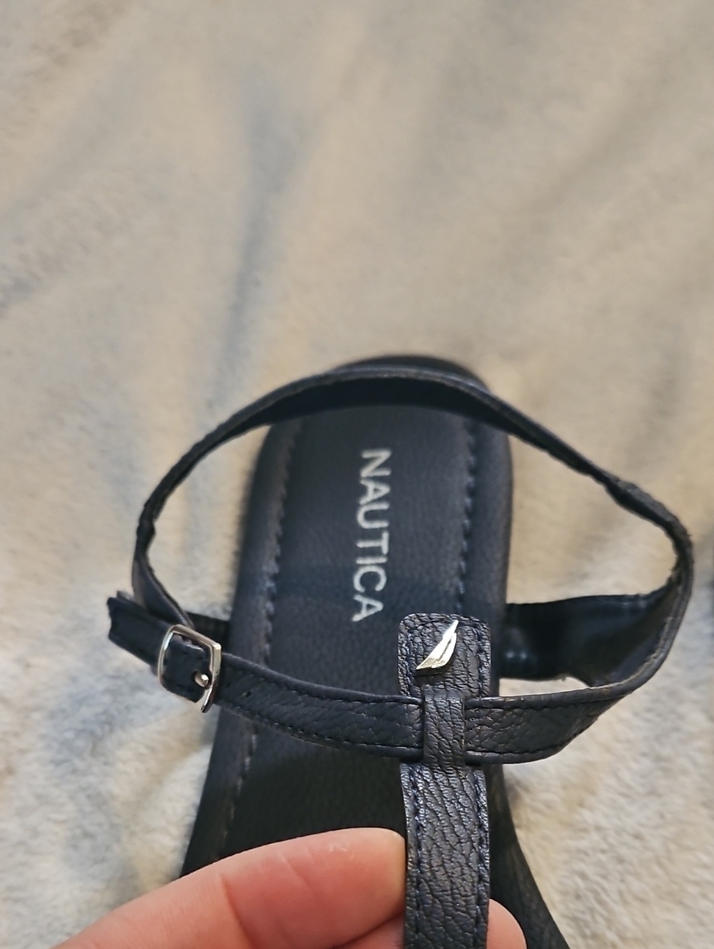 Womens Nautica Navy Pebble Faux Leather T-Strap Adjustable Ankle Strap Sandals - Picture 2 of 7